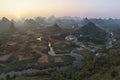 Aerial view of the karsts hills in Wuzhishan near Yangshuo in Guanxi province, China, at sunset