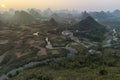 Aerial view of the karsts hills in Wuzhishan near Yangshuo in Guanxi province, China, at sunset