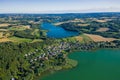 Aerial view of Kashubian Landscape Park. Kaszuby. Poland. Photo made by drone from above. Bird eye view