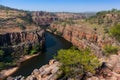 Aerial view of the Katherine gorge. Katherine river turning among the escarpment walls. Aerial view, pictured from above. Nitmiluk Royalty Free Stock Photo
