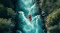 Aerial View of A Kayaker Paddling The Rapids of a Beautiful Mountain River. Generative AI