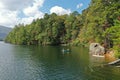 Aerial view of kayakers on Lake Santeetlah, North Carolina.