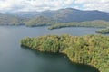 Aerial view of kayakers on Lake Santeetlah, North Carolina.