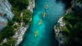 A row of Kayakers Paddling Along a Beautiful Mountain River. Generative AI Royalty Free Stock Photo