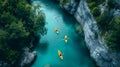 Three Kayakers Paddling Along a Beautiful Mountain River. Generative AI Royalty Free Stock Photo