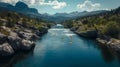 Several Kayakers Paddling Along a Beautiful Mountain River. Generative AI Royalty Free Stock Photo