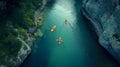 High Angle View of Kayakers Paddling Along a Beautiful Mountain River. Generative AI Royalty Free Stock Photo