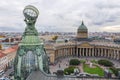 Aerial view of Kazan Cathedral in clear autumn day, a copper dome, gold cross, colomns, Nevsky prospect, Zinger`s Building,