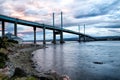 Aerial view of Kessock Bridge over lake