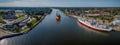 Aerial view of Kiel Canal, port of Rendsburg and camping caravan area.