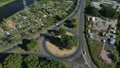 Aerial view of Kingsway roundabout, Warrington, with allotments and river Mersey