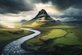 Aerial view of Kirkjufell mountain and river in Iceland, Iceland beautiful landscape photography, beautiful girl in swimsuit in
