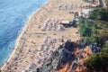 Aerial view at the Kleopatra beach, the Alanya city, Turkey. Water line with sandy coastline. Focus is on rocks Royalty Free Stock Photo