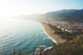 Aerial view of Kleopatra beach in Alanya (Turkey) - turquoise water, city landscape.