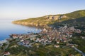 Aerial view of Komiza on Vis island, Croatia in Dalmatia at sunrise. Royalty Free Stock Photo
