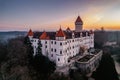 Aerial view of Konopiste,Czech fairytale castle.Picturesque autumn landscape at sunrise with impressive historical monument.Czech