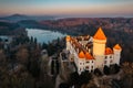 Aerial view of Konopiste,Czech fairytale castle.Picturesque autumn landscape at sunrise with impressive historical monument.Czech