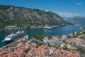 Aerial view on Kotor Bay with the medieval castle and ships