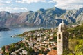 Aerial view with Kotor bay and old town rooftops. Church of Our Lady of Remedy in the Fortress of Kotor, Boka Kotorska, Montenegr