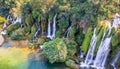 Aerial view of Kravica karst forest waterfall streams with lake in the foreground, Trebizat river, Bosnia and Herzegovina