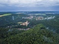 Aerial view on Krivoklat castle in protected landscape area Krivoklatsko, Czechia