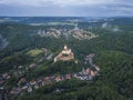 Aerial view on Krivoklat castle in protected landscape area Krivoklatsko, Czechia