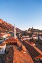 Aerial view of Kruja castle and bazaar, Albania. Royalty Free Stock Photo