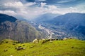 Aerial view of the Kullu valley with horses in the foreground Royalty Free Stock Photo