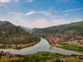 Aerial view of Kura and Aragvi rivers confluence near the old Georgian town Mtskheta.