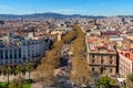 Aerial view of La Rambla street in Barcelona, Catalonia, Spain