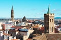 Aerial view of La Seo Cathedral and the mudejar tower of San Gil el Abad in Zaragoza, Spain