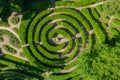 Aerial view of the Labyrinth of Bushes in the Pavlovsk Landscape Park. A sample of bushes. Summer season. Lawn design. View from