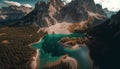 Aerial view of Lago Antorno, Dolomites, Lake mountain landscape with Alps peak, Italy. Generative Ai Royalty Free Stock Photo