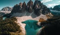 Aerial view of Lago Antorno, Dolomites, Lake mountain landscape with Alps peak, Italy. Generative Ai Royalty Free Stock Photo