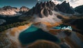Aerial view of Lago Antorno, Dolomites, Lake mountain landscape with Alps peak, Italy. Generative Ai Royalty Free Stock Photo
