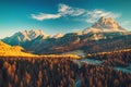 Aerial view of Lago Antorno, Dolomites, Lake mountain landscape with Alps peak , Misurina, Cortina d`Ampezzo, Italy Royalty Free Stock Photo