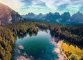 Aerial view of Lago Antorno Dolomites Lake mountain landscape. Generative AI Royalty Free Stock Photo