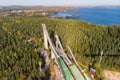 Aerial view of Lahti sports centre with three ski jump towers