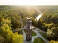 Aerial view of Laju takas, tree-canopy trail complex with a walkway, an information center and observation tower, Anyksciai,