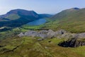 Aerial view of a lake in beautiful mountainous scenery Rhyd Ddu, Snowdonia, Wales