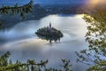 Aerial view of Lake Bled Alps Slovenia Europe. Mountain alpine lake. Royalty Free Stock Photo