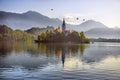 Aerial view of Lake Bled Alps Slovenia Europe. Mountain alpine lake. Royalty Free Stock Photo