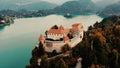 Aerial view of Lake Bled and the castle of Bled, Slovenia, Europe. Aerial drone photography. Royalty Free Stock Photo