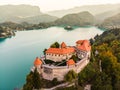 Aerial panoramic view of Lake Bled and the castle of Bled, Slovenia, Europe. Aerial drone photography Royalty Free Stock Photo