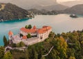 Aerial panoramic view of Lake Bled and the castle of Bled, Slovenia, Europe. Aerial drone photography Royalty Free Stock Photo