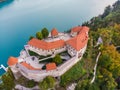 Aerial panoramic view of Lake Bled and the castle of Bled, Slovenia, Europe. Aerial drone photography Royalty Free Stock Photo