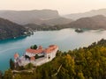 Aerial panoramic view of Lake Bled and the castle of Bled, Slovenia, Europe. Aerial drone photography Royalty Free Stock Photo