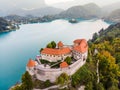 Aerial panoramic view of Lake Bled and the castle of Bled, Slovenia, Europe. Aerial drone photography Royalty Free Stock Photo