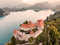 Aerial view of Lake Bled and the castle of Bled, Slovenia, Europe. Aerial drone photography Royalty Free Stock Photo