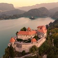 Aerial view of Lake Bled and the castle of Bled, Slovenia, Europe. Aerial drone photography Royalty Free Stock Photo